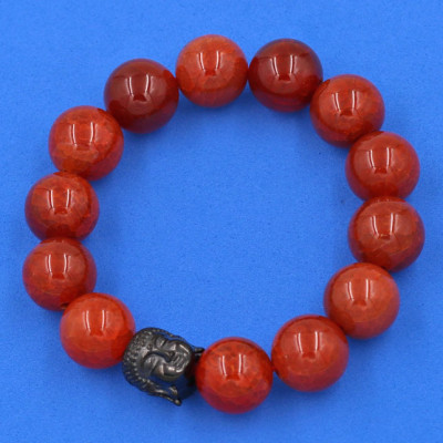 Vòng đeo tay đá Vân Rồng đỏ 14 ly cẩn hạt Phật A Di Đà inox đen VVRONLE14 - hợp mệnh Hỏa, mệnh Thổ