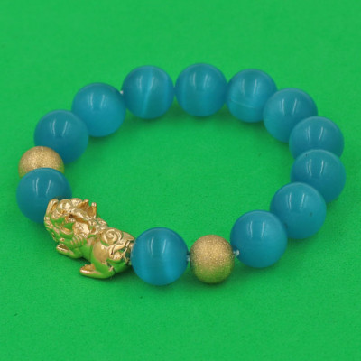 Vòng đeo tay Đá Mắt Mèo Xanh Biển 12 ly - cẩn Tỳ Hưu Phong Thủy inox vàng VMEXBTHHBV12 - hợp mệnh Thủy, mệnh Mộc