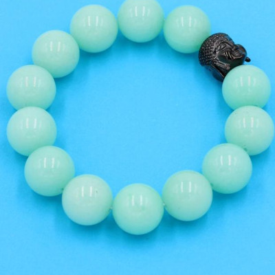 Chuỗi đeo tay ngọc bích xanh 14 ly - cẩn hạt Như Lai Inox đen VNBXNLE14 - hợp mệnh Mộc, mệnh Hỏa