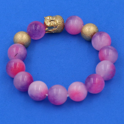 Chuỗi đeo tay Thạch Anh Tím Hồng 14 ly - Vòng tay Phật A Di Đà inox vàng VTAHINLVHB14 - hợp mệnh Hỏa, mệnh Thổ - Vòng đeo tay size lớn