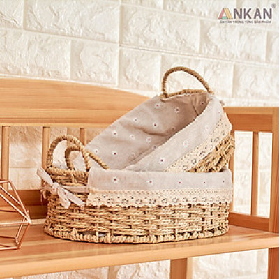 Giỏ Đựng Đồ Ăn Vặt Có Quai Hình Bầu Dục Lót Vải Hoa – Sợi Giấy Cán Mỏng Nhẹ Bền, Dễ Vệ Sinh