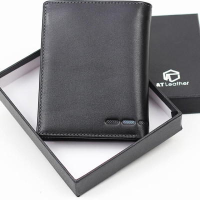 Ví đứng da bò nam cao cấp AT Leather 062 (12 x 9.5 cm) - Đen