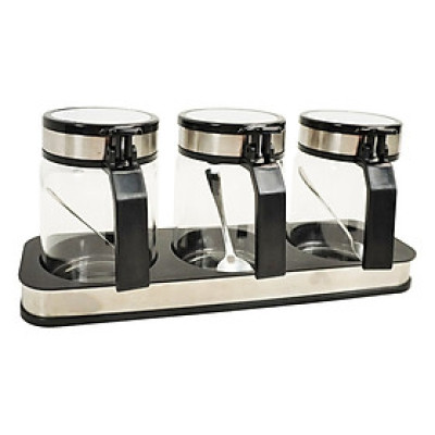 Bộ 3 hũ thủy tinh đựng gia vị 300ml Kalpen SB2 kèm khay và muỗng Inox