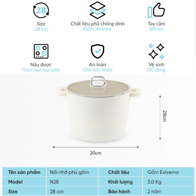 Nồi luộc gà chống dính phủ gốm Hàn Quốc dung tích 10L size 28cm, bảo hành 24 tháng