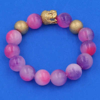 Chuỗi đeo tay Thạch Anh Tím Hồng 14 ly - Vòng tay Phật A Di Đà inox vàng VTAHINLVHB14 - hợp mệnh Hỏa, mệnh Thổ - Vòng đeo tay size lớn