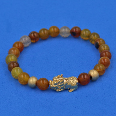 Vòng đeo tay đá Vân Rồng 6 ly cẩn Tỳ Hưu inox vàng VVRTHHBV6