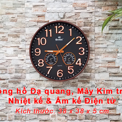 Đồng Hồ Treo Tường DECOR Trang Trí Nhà Hình Tròn Viền Mỏng 38cm EASTAR - Bộ Kim Số DẠ QUANG và NHIỆT ẨM KẾ TỰ ĐỘNG - Tặng Pin Maxell