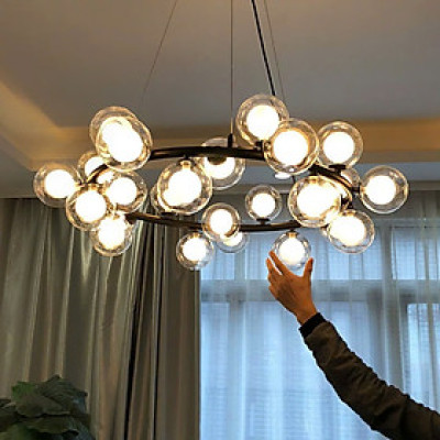 Đèn chùm trang trí phòng khách thả bàn ăn thuỷ tinh SuperVilighting thân mạ vàng hiện đại 25 bóng