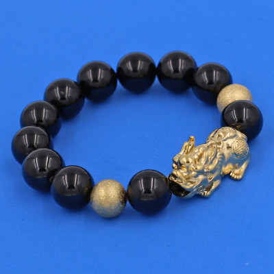 Vòng chuỗi đeo tay đá thạch anh đen 14 ly ( size lớn ) charm tỳ hưu và bi inox vàng, vòng tay chuỗi hạt