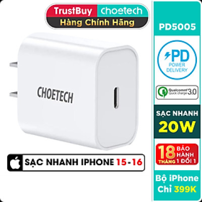 Adapter Củ Sạc CHOETECH PD5005 PD 20W Chuyên Sạc Nhanh iPhone, iPad - Hàng Chính Hãng