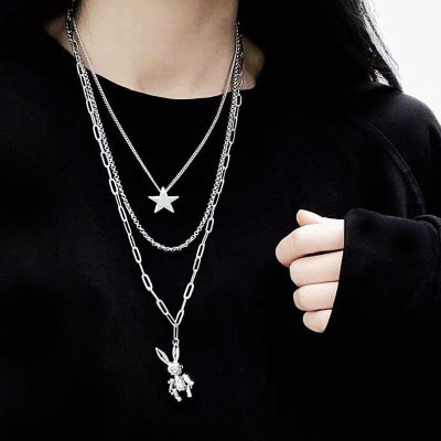 Vòng cổ titan thép 3 lớp ngôi sao và đầu thỏ cực chất