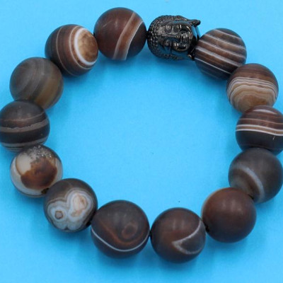 Vòng tay chuỗi hạt - mã não nâu sọc 14 ly - cẩn hạt Như Lai Inox đen VMNNSMNLE14 - hợp mệnh Kim, mệnh Thổ