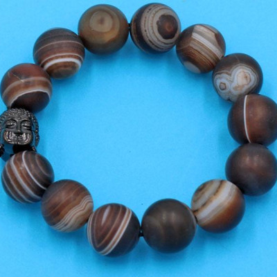 Vòng tay chuỗi hạt - mã não nâu sọc 14 ly - cẩn hạt Như Lai Inox đen VMNNSMNLE14 - hợp mệnh Kim, mệnh Thổ