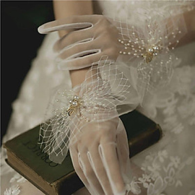 Găng tay trong suốt đính ren lưới, ngọc trai cho Cô dâu và Dạ hội, đi tiệc, sự kiện, lễ hội, chụp ảnh MS: 43854