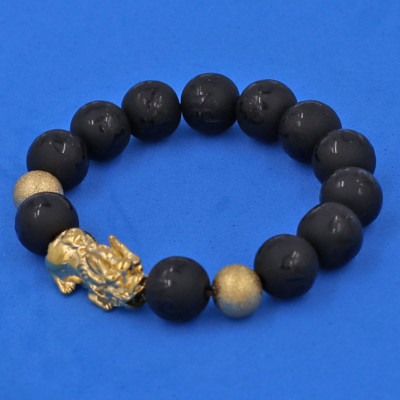 Vòng tay đá Thạch Anh Đen khắc Phật Chú chữ mờ 12 ly - cẩn Tỳ Hưu Phong Thủy inox vàng VTAEPMTHHBV12 - hợp mệnh Thủy, mệnh Mộc