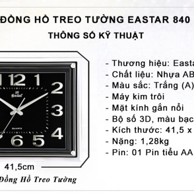 Đồng Hồ Treo Tường KIM TRÔI EASTAR Chữ Nhật Mặt Đen – Mặt Kính 3D – Bộ Số Nổi Ánh Kim Bạc – Kèm Pin Maxell
