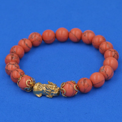 Vòng tay chuỗi hạt San Hô Cam Sọc 8 ly - cẩn Tỳ Hưu Phong Thủy inox vàng VSHCSTHHKV8 - hợp mệnh Hỏa, mệnh Thổ