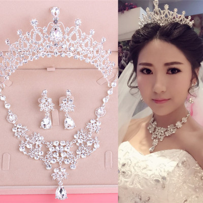 Bộ trang sức vương miện cô dâu, vòng cổ và bông tai full đá lấp lánh