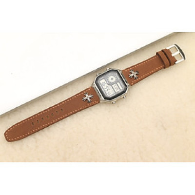 Dây da thay thế dành cho đồng hồ Casio AE1200 da bò sáp nâu Vàng Bò Rivet Handmade