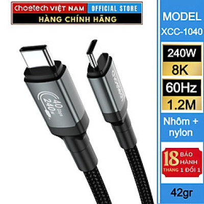 Cáp sạc nhanh Type C to Type C 240w Choetech XCC-1040 hỗ trợ truyền tải dữ liệu 8K@60Hz - Hàng chính hãng