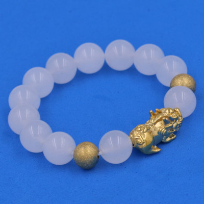 Chuỗi đeo tay Thạch Anh Trắng 12 ly - cẩn Tỳ Hưu Phong thủy inox vàng VTATTHHBV12 - hợp mệnh Kim, mệnh Thủy