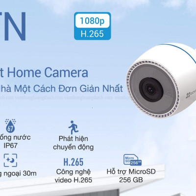 Camera IP Wifi hồng ngoại EZVIZ C3TN 2MP FHD 1080P Mẫu mới 2022 - Camera ngoài trời chuẩn nén H265, tích hợp mic thu âm, hỗ trợ thẻ nhớ lên 256G, hàng chính hãng