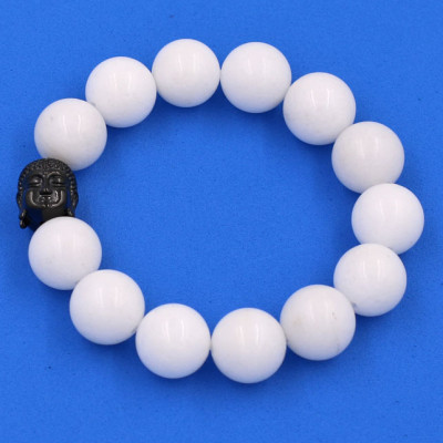 Vòng đeo tay san hô trắng 14 ly cẩn hạt Phật A Di Đà inox đen VSHTNLE14 - hợp mệnh Kim, mệnh Thủy