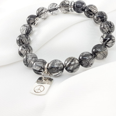 Vòng tay nam mệnh kim, thủy đá thạch anh tóc đen mix charm PEACE