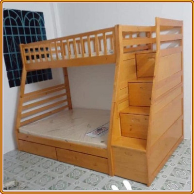 Giường 2 tầng nhập khẩu Tundo kèm 2 hộc kéo cầu thang đảo chiều màu vàng