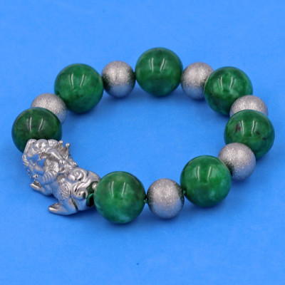 Vòng chuỗi đeo tay đá cẩm thạch đông ninh 14 ly ( size lớn ) charm tỳ hưu và bi inox, vòng tay chuỗi hạt