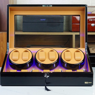 Hộp Đựng Đồng Hồ Cơ 6 Xoay + 7 Trưng Bày Vỏ Gỗ Sơn Mài (Đèn LED)