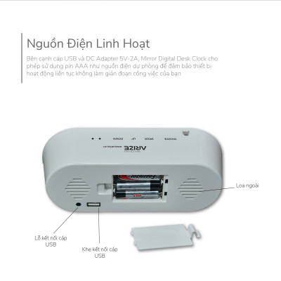 Đồng Hồ Để Bàn Thông Minh ARIZE Bandiz Mirror Digital Desk Clock - Hàng Chính Hãng