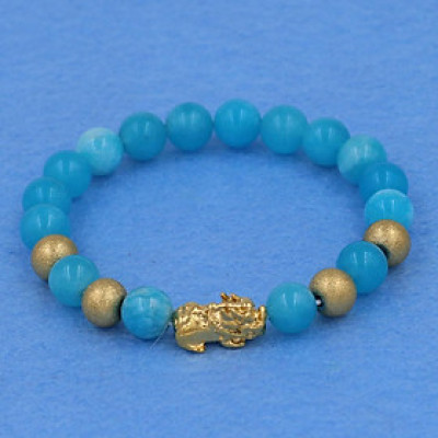 Chuỗi đeo tay ngọc tủy xanh biển 8 ly - cẩn Tỳ Hưu inox vàng VNTXBTHVB8 - hợp mệnh Mộc, mệnh Thủy