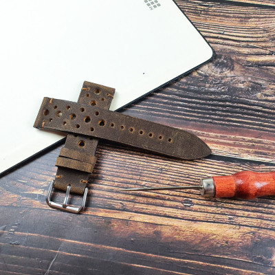 [Da thật] Dây đồng hồ handmade da bò sáp AL116 (Nâu) (Kèm hộp + phụ kiện) Size 20/Size 22 - 100% da bò thật