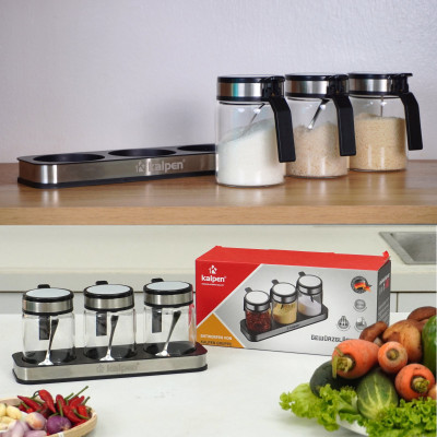 Bộ 3 hũ thủy tinh đựng gia vị 300ml Kalpen SB2 kèm khay và muỗng Inox