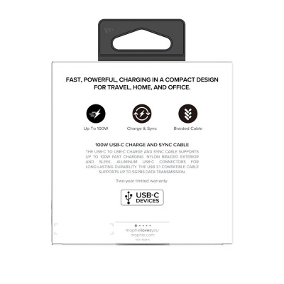 Cáp sạc Mophie USB-C to USB-C 100W, hỗ trợ sạc nhanh - Hàng chính hãng