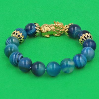 Vòng đeo tay Thạch Anh Xanh Da Trời sọc 12 ly - Vòng tay Tỳ Hưu Phong Thủy Chiêu Tài Lộc inox vàng VTAXBSTHBKV12