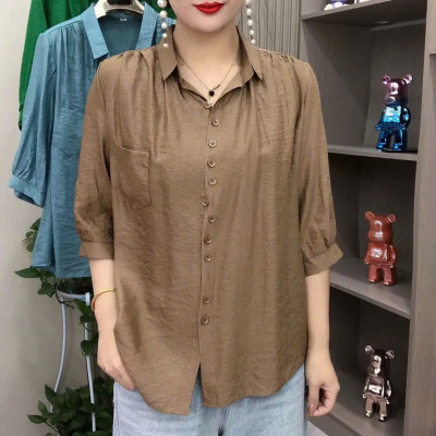 Áo sơ mi kiểu tay lỡ cổ đức, chất liệu Đũi tơ mềm mát, thấm hút mồ hôi, áo kiểu nữ dễ thương, NeSa Shop AT12