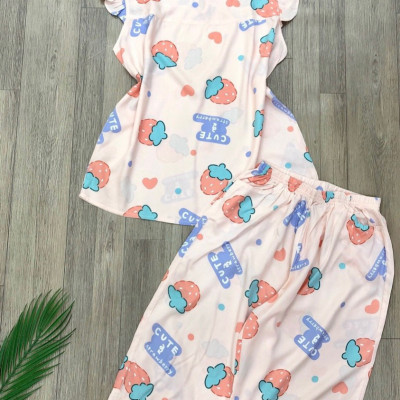 Đồ bộ nữ, đồ ngủ mặc nhà lửng tay cánh tiên vải lanh mềm ,mát BL 183 họa tiết dễ thương size 45-70kg.