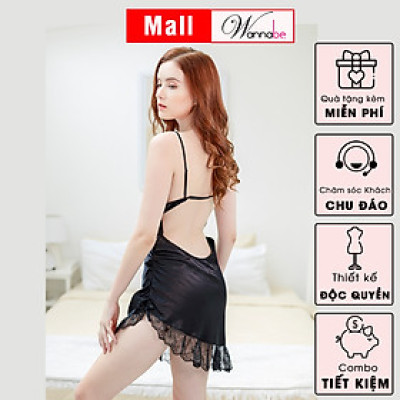 Đầm ngủ WANNABE DNS47 váy ngủ lai vạt xéo phối ren nhún nhẹ 1 bên quyến rũ lưng cut out khoe lưng trần gợi cảm