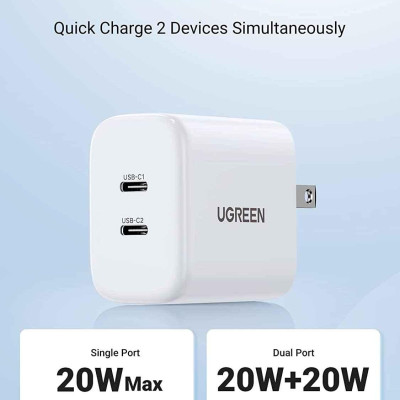 Ugreen UG90299CD243TK 40W Bộ sạc nhanh 2 cổng USB-C chuẩn cắm US Màu Trắng - HÀNG CHÍNH HÃNG