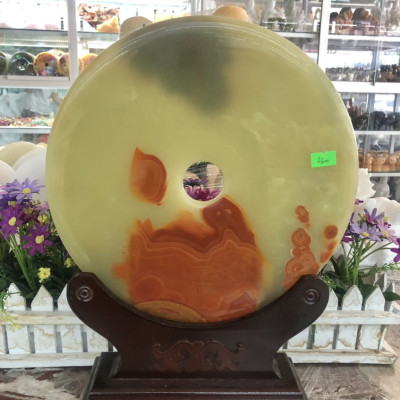 Đồng tiền, đồng điếu may mắn phong thủy chiêu nạp tài lộc đá ngọc Onyx xanh nhạt - Đường kính 26 cm