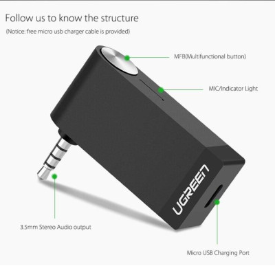 Ugreen UG40757CM124TK BT 4.2 màu Đen Thiết bị nhận âm thanh Bluetooth có Micro hỗ trợ APTX - HÀNG CHÍNH HÃNG
