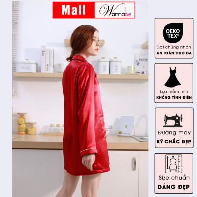 Đầm ngủ sơ mi lụa cao cấp WANNABE DNS44 váy ngủ kiểu dáng pijama rộng rãi thoải mái tay dài viền gân nổi có túi tiện lợi