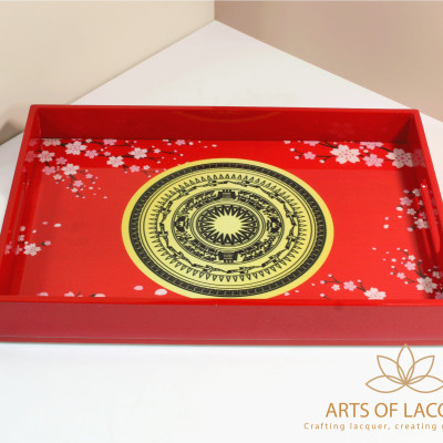 Khay Sơn Mài Hình Trống Đồng Hoa Đào