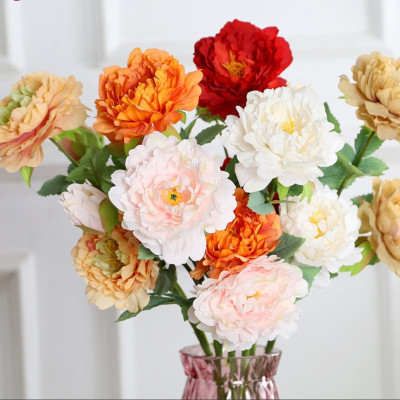 Hoa lụa cao cấp, hoa mẫu đơn giả 2 bông 1 nụ sang trọng trang trí phòng khách, tiền sảnh