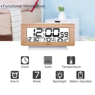 Đồng hồ kỹ thuật số FanJu có chức năng hiển thị nhiệt độ, mặt gỗ thời trang, đèn nền màn hình LCD với phông chữ lớn dễ đọc