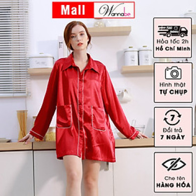 Đầm ngủ sơ mi lụa cao cấp WANNABE DNS44 váy ngủ kiểu dáng pijama rộng rãi thoải mái tay dài viền gân nổi có túi tiện lợi