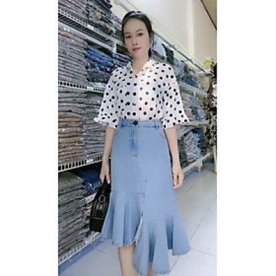 Set sơ mi kèm váy denim đuôi cá bất đối xứng trẻ trung cá tính Myqlothing.