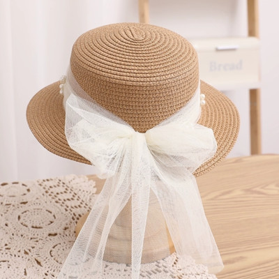 Mũ nón đi biển vành nhỏ chóp bằng phối đai trắng ngọc trai nhân tạo chất liệu cói chống nắng thoáng mát thời trang Hàn Quốc Dona240607